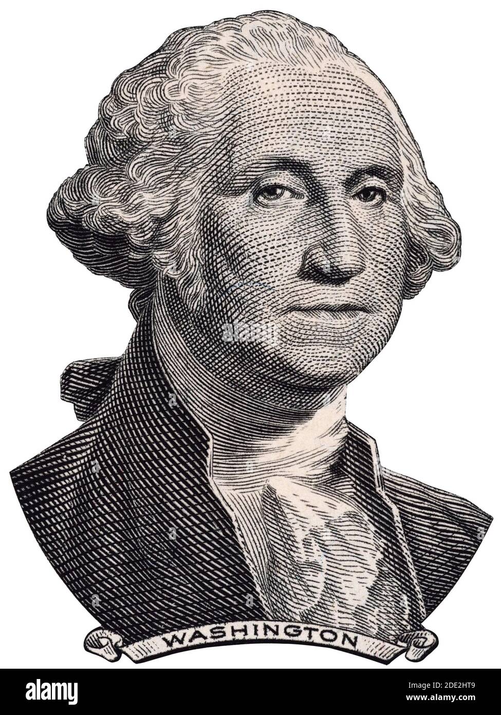 US-Präsident George Washington Gesicht auf einem US-Dollar Rechnung Makro isoliert, 1 usd, Vereinigte Staaten von Amerika Geld Nahaufnahme Stockfoto