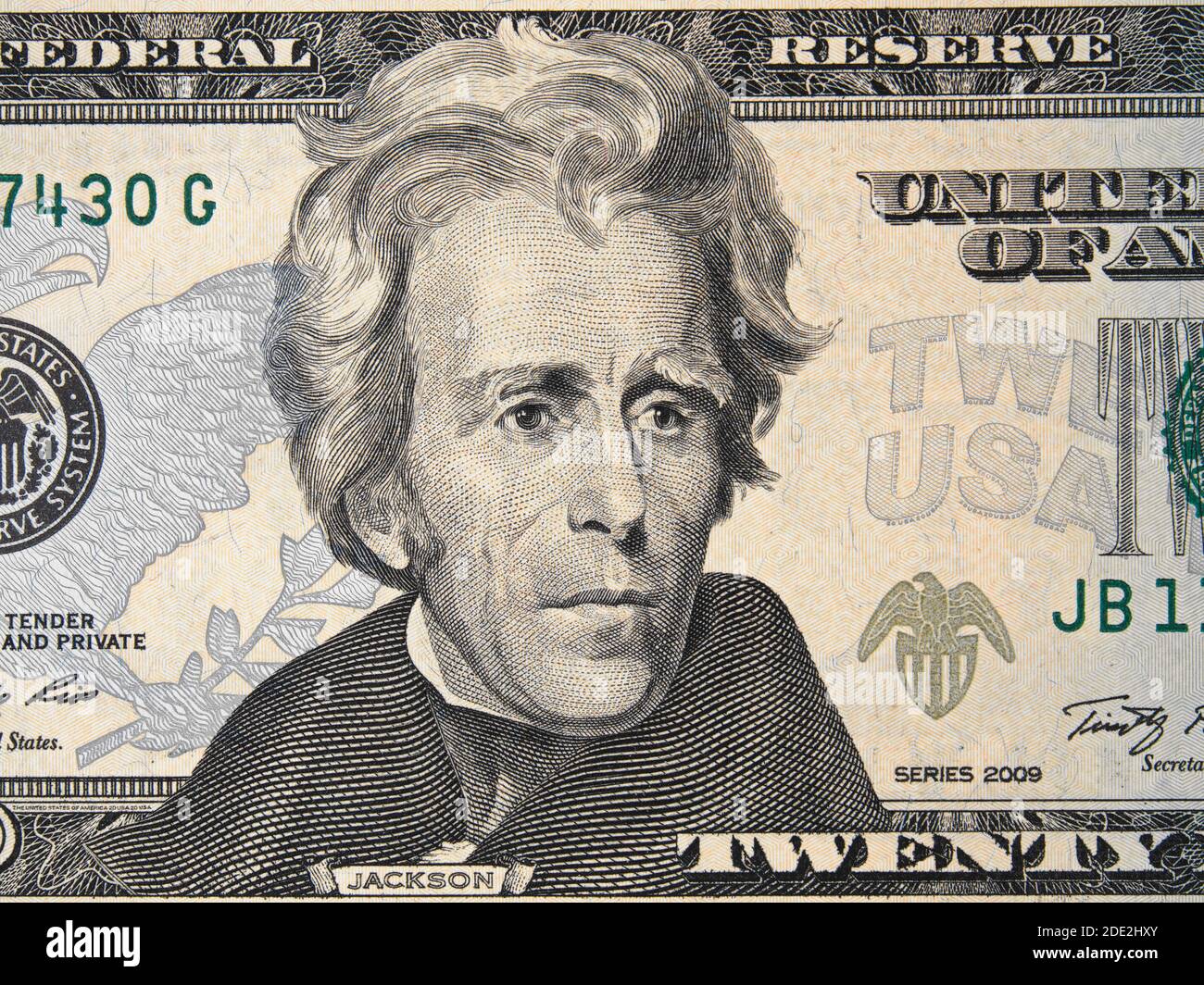 US-Präsident Andrew Jackson Gesicht auf USA zwanzig Dollar Rechnung Nahaufnahme, 20 usd, Vereinigte Staaten von Amerika Geld Nahaufnahme Stockfoto
