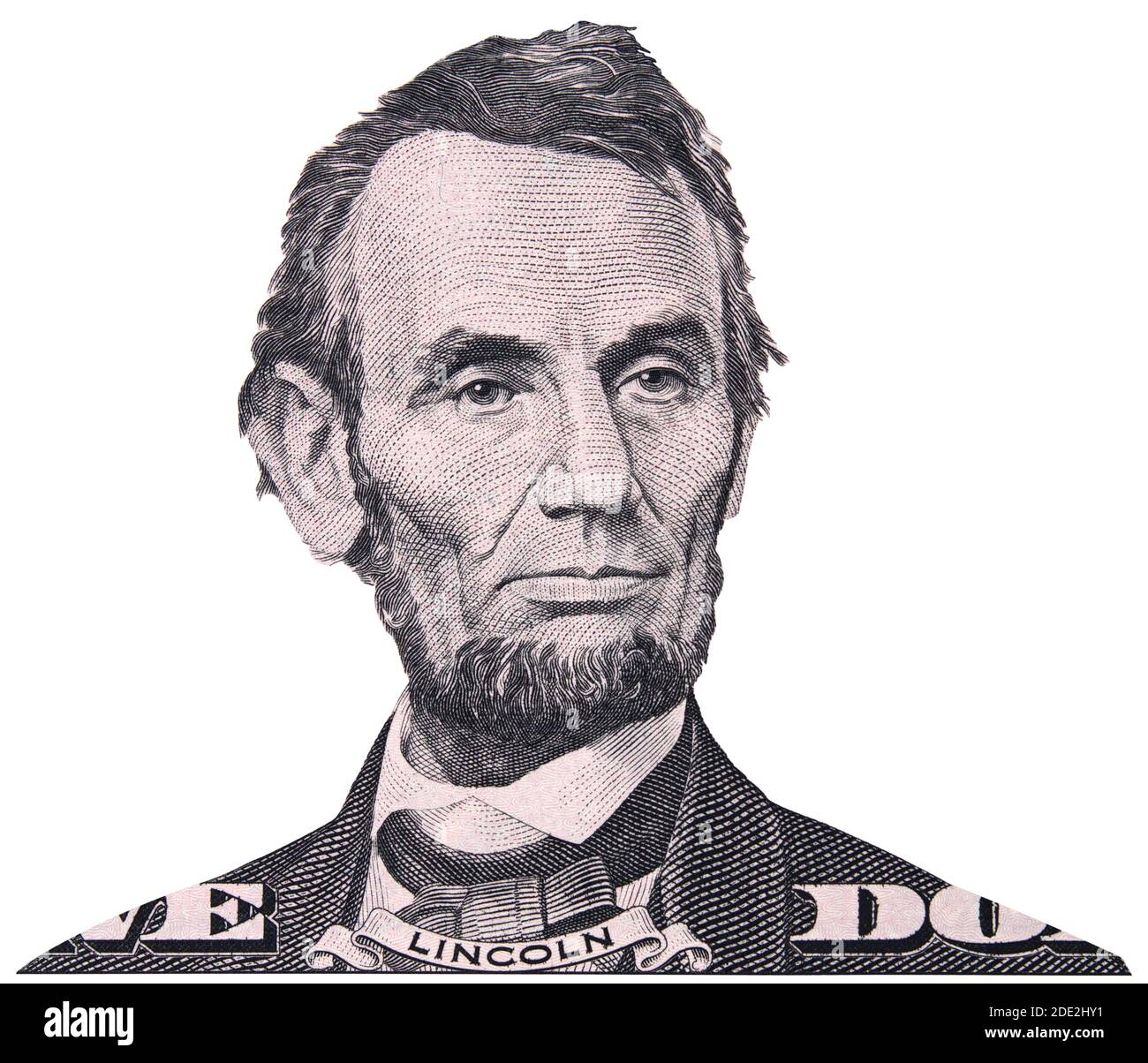 US-Präsident Abraham Abe Lincoln auf USA fünf Dollar-Rechnung Makro isoliert, 5 usd, Vereinigte Staaten von Amerika Geld Nahaufnahme Stockfoto