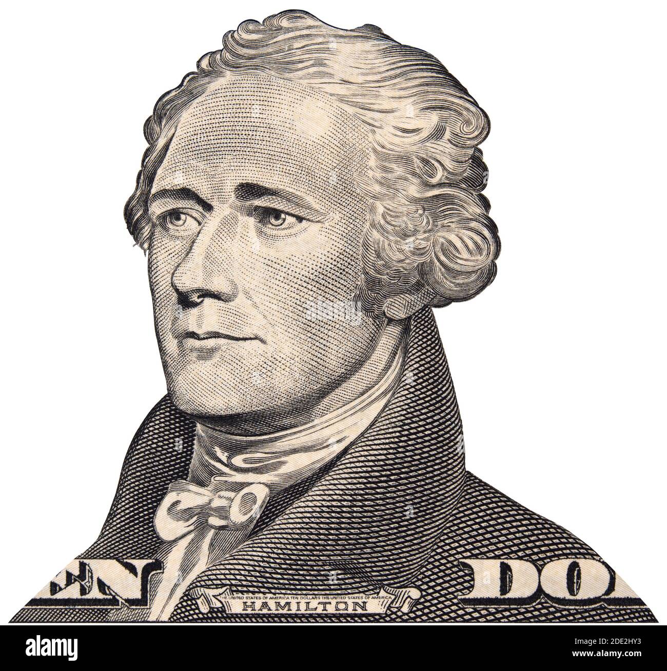 Alexander Hamilton Gesicht auf uns 10 Dollar Rechnung isoliert, US-Geld Nahaufnahme Stockfoto