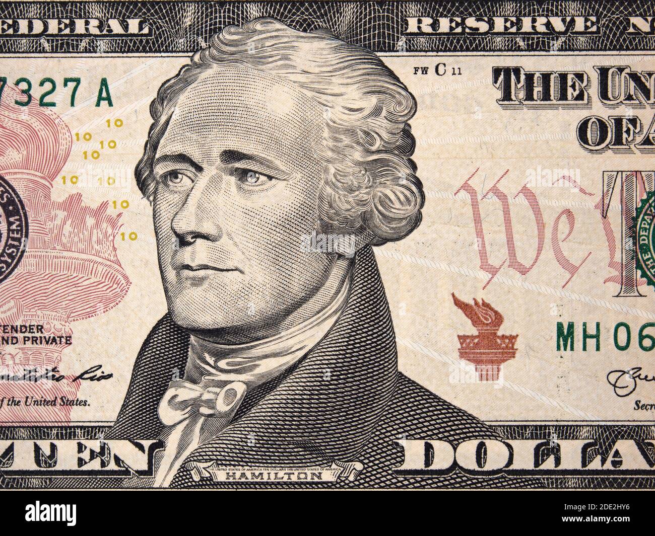Alexander Hamilton Gesicht Porträt auf uns zehn-Dollar-Rechnung Nahaufnahme, 10 usd, Vereinigte Staaten von Amerika Geld Nahaufnahme Stockfoto