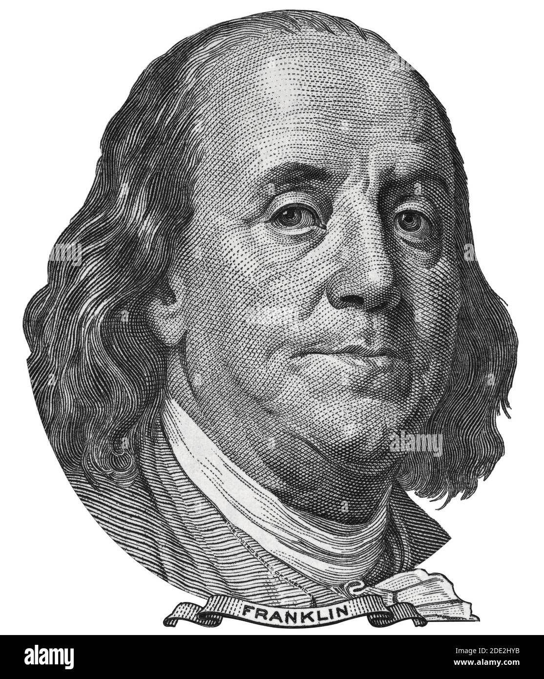 Benjamin Ben Franklin Gesicht auf uns 100-Dollar-Rechnung Nahaufnahme isoliert, vereinigte Staaten Geld Nahaufnahme Stockfoto