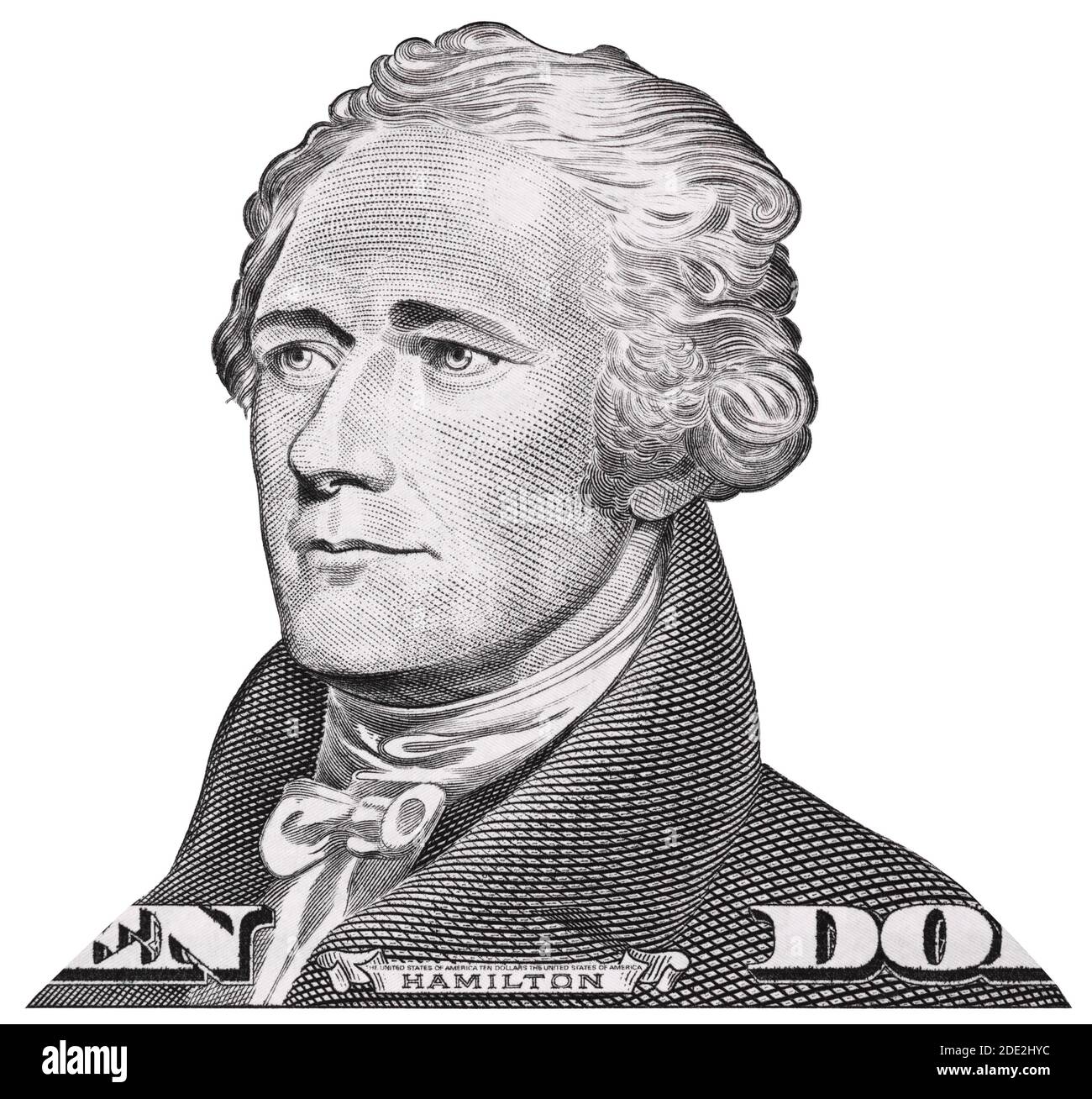 Alexander Hamilton Gesicht Porträt auf uns zehn Dollar-Rechnung isoliert, 10 usd, Vereinigte Staaten von Amerika Geld Nahaufnahme Stockfoto