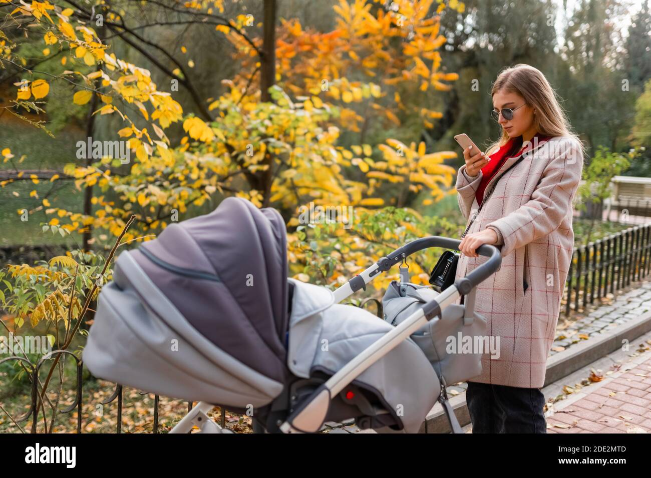 Mama mit Kinderwagen läuft im Park und SMS am Telefon. Smartphone-Suchtkonzept Stockfoto