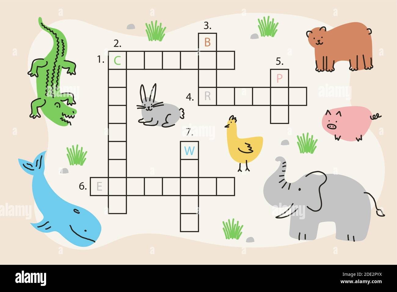 Kreatives Kreuzworträtsel in englisch Arbeitsblatt mit verschiedenen Tieren Vektor-Illustration Stock Vektor