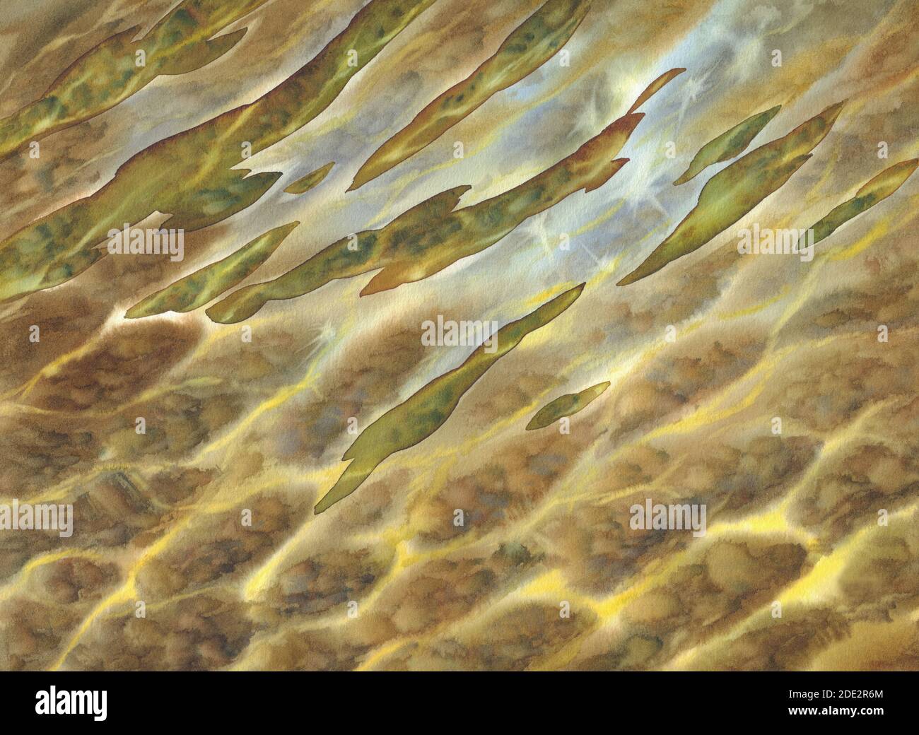 Sonnige Wasser mit transparenten Wellen Aquarell Hintergrund Stockfoto