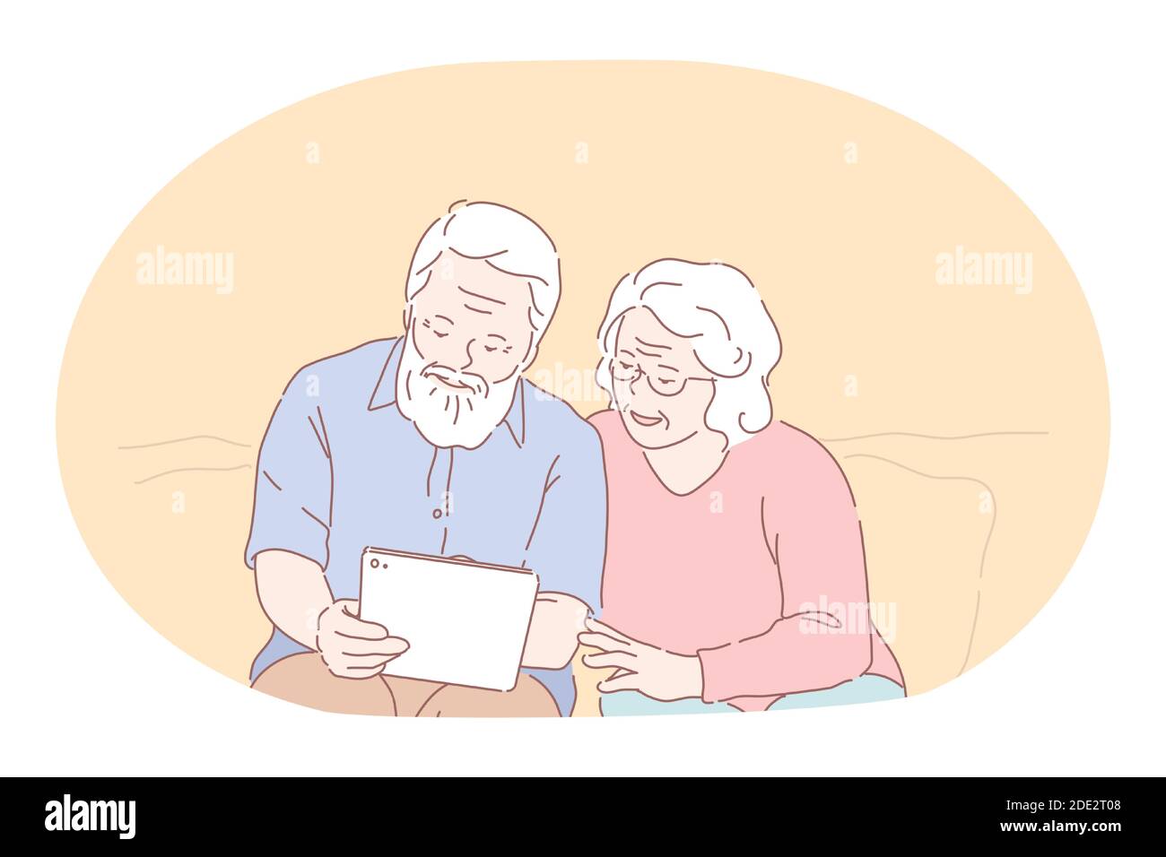 Ältere ältere ältere Paar leben glücklich aktiven Lebensstil Konzept. Ältere ältere paar Großeltern Cartoon-Figuren sitzen Blick auf Fotos in Foto alb Stock Vektor