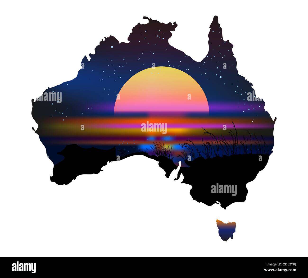 Australien Aborigine Kontinent mit Sonnenuntergang isoliert auf weißem Hintergrund. Australien-Karte in traditionellen Farben der Uroriginalflagge. Australien Aborigine Day Stock Vektor