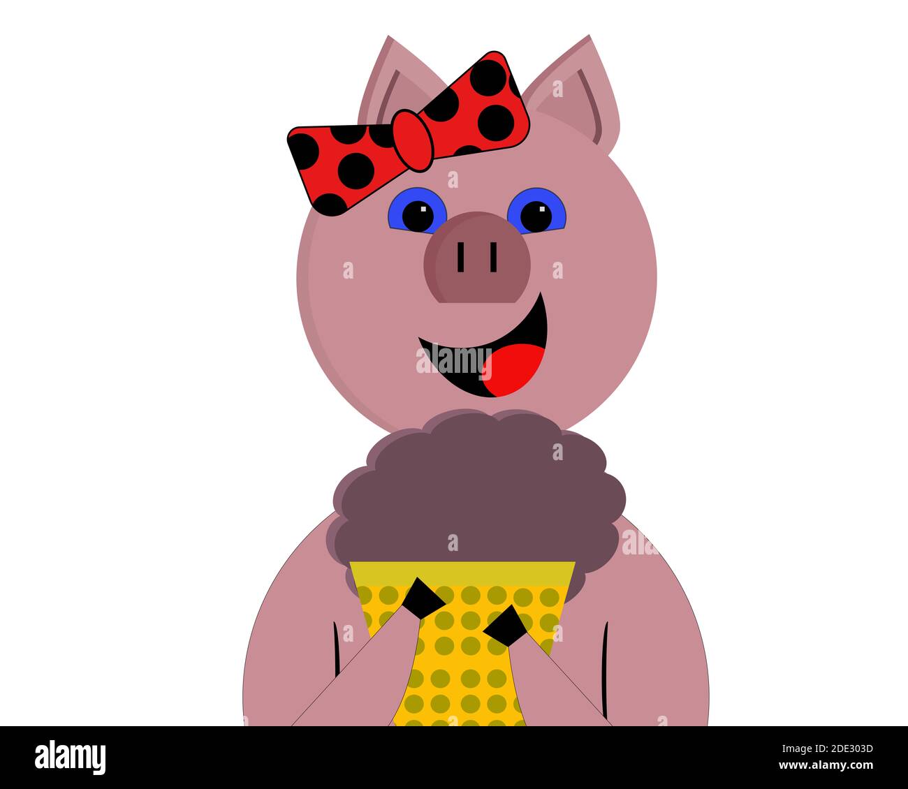 Weibliches Schweinchen Eating Ice Cream - Abbildung zeigt Konzept der ungesunden Essgewohnheiten und Ernährung. Stockfoto
