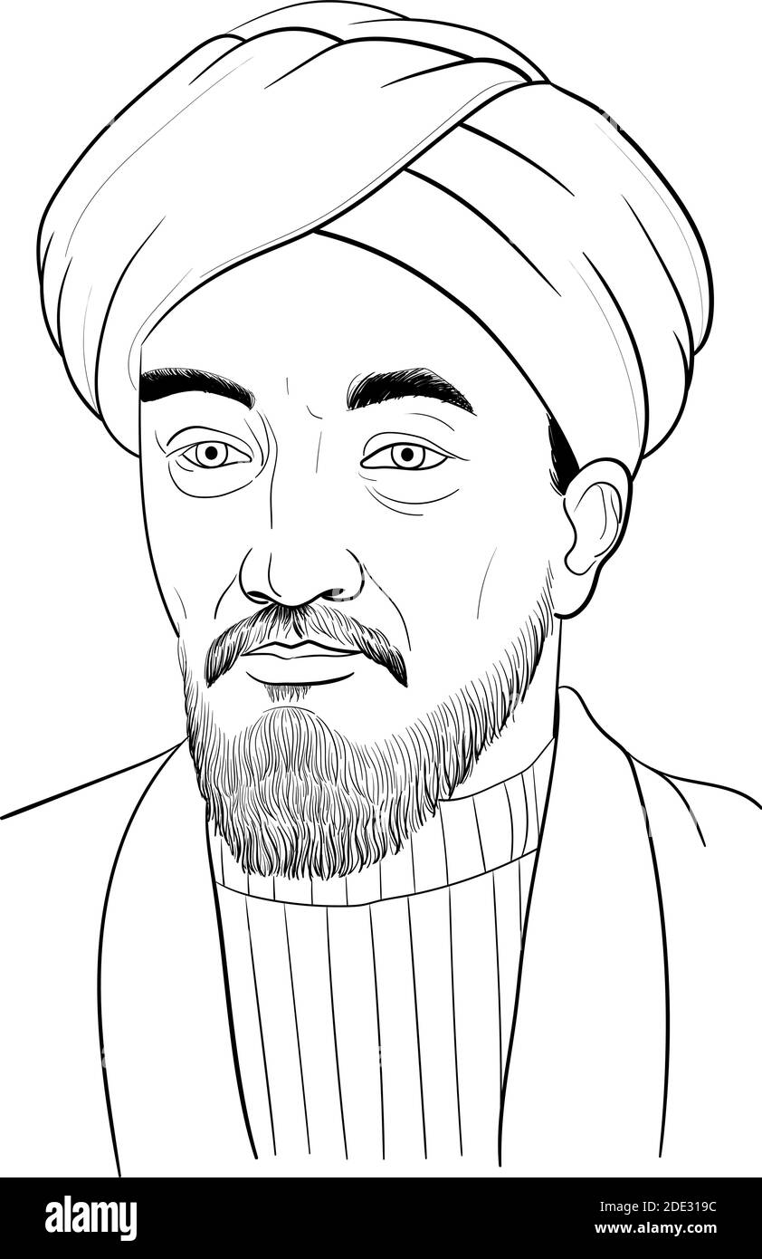 Zentralasiatischer Wissenschaftler Al-Farabi. Illustration für Hochformat in Linie Stock Vektor