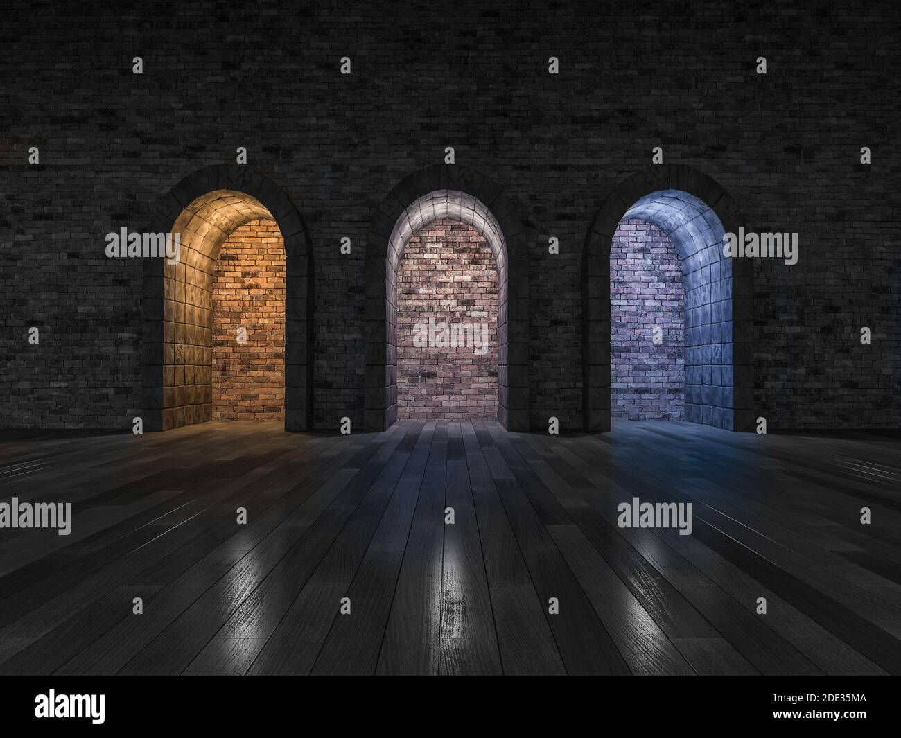 3d-Rendering-Bild von 3 Bogentür von Stein Ort auf dem Holzboden und alten Ziegelwand gemacht, differnt Farbe Lichteffekt durch Verwendung 3 verschiedene l gemacht Stockfoto