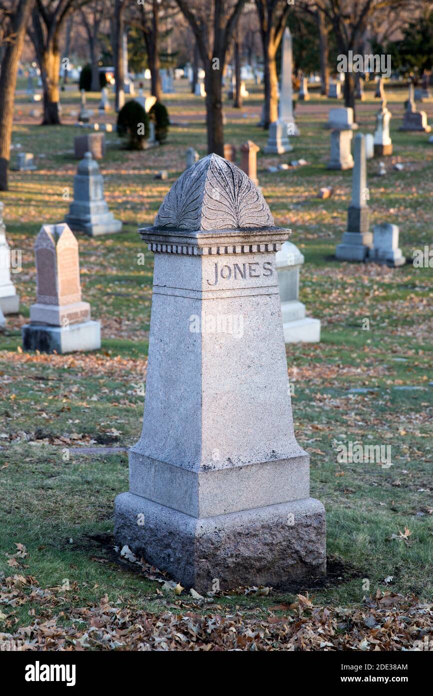 Grabstein für den Architekten Harry Wild Jones Monument auf dem Lakewood Cemetery, Minneapolis, Minnesota. Das Denkmal hat ein architektonisches Gesims, Gebiss Stockfoto