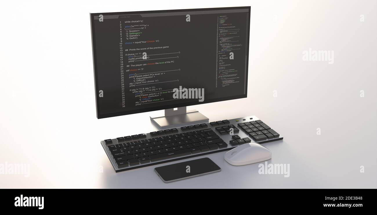 Programmierung Code, Software, Entwicklung von Codierungstechnologien Konzept. Text auf einem Desktop-Bildschirm des Computers, isoliert auf weißem Hintergrund. 3d-Illustration Stockfoto