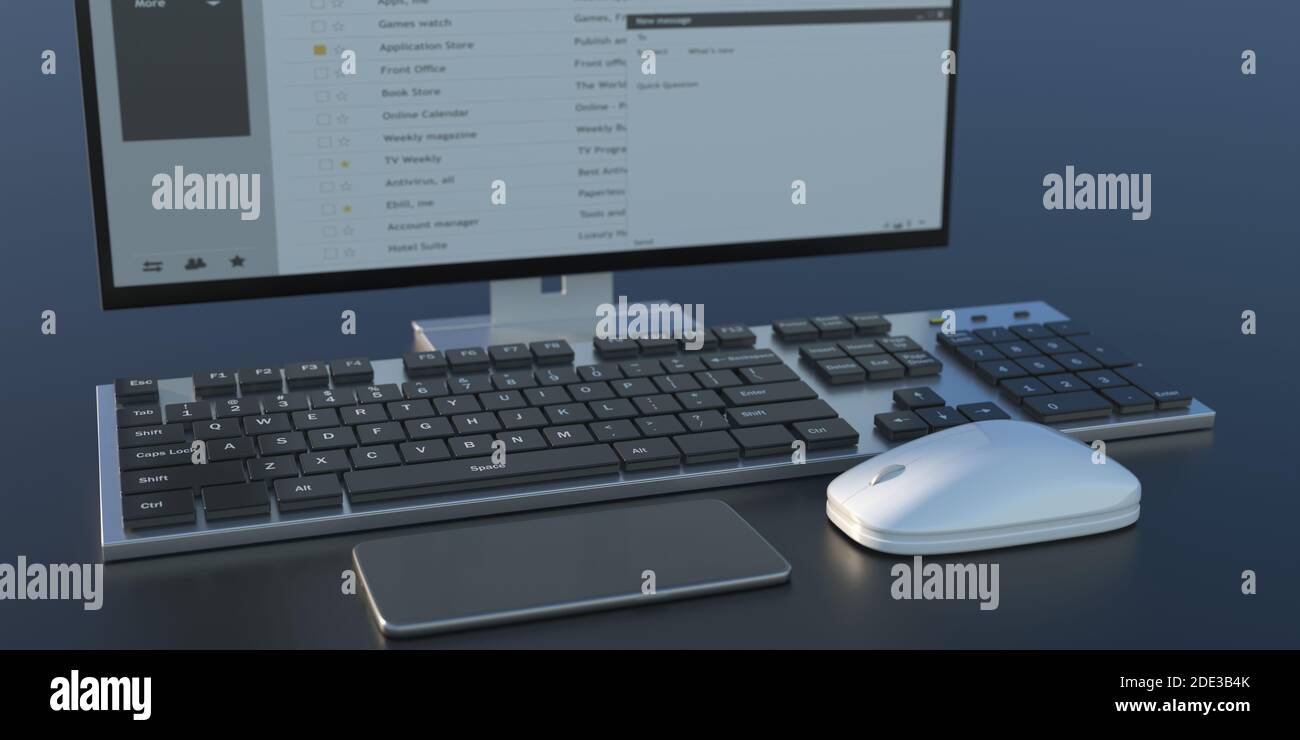 E-Mail-Client-Liste auf einem Computer Desktop-Bildschirm, Monitor, Tastatur, Maus und Smartphone auf dem Schreibtisch, Nahaufnahme. 3d-Illustration Stockfoto