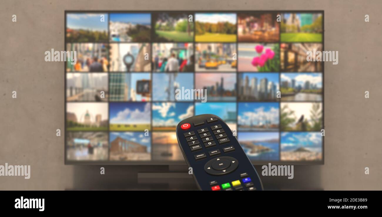 Multimedia-Videos, Sendungen, Fernsehgeräte ansehen. Fotocollage auf Fernsehbildschirm und Fernbedienung Nahaufnahme, 3d-Illustration Stockfoto