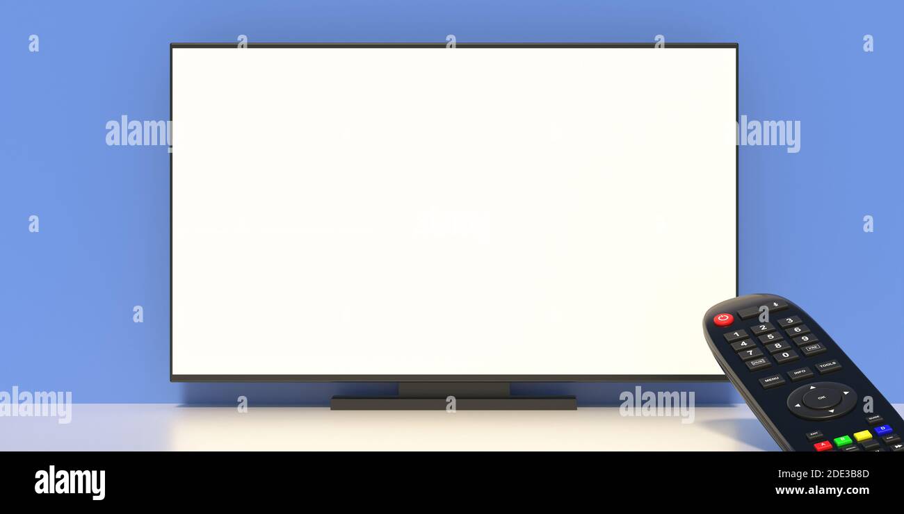 TV-Fernbedienung Nahaufnahme und leerer Bildschirm TV-Monitor, blauer Hintergrund, Kopierraum, Werbung Vorlage. 3d-Illustration Stockfoto