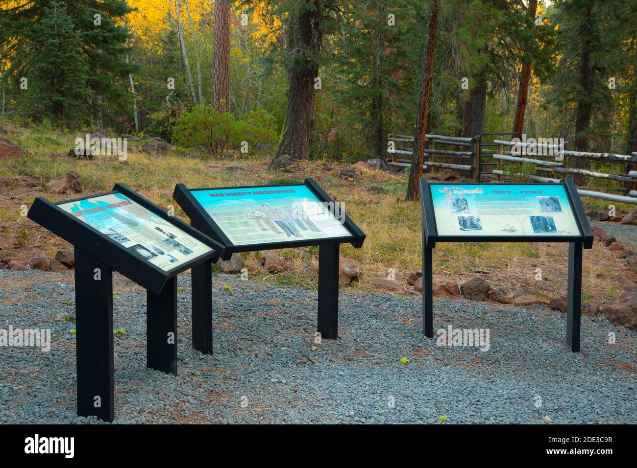 Auslegungstafeln, Mitchell Monument, historische Stätte, Fremont National Forest, Oregon Stockfoto