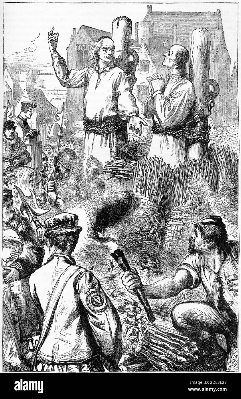 Gravur von Latimer ermahnt Ridley auf dem Scheiterhaufen. Illustration aus "die Geschichte des Protestantismus" von James Aitken Wylie (1808-1890), Pub. 1878 Stockfoto