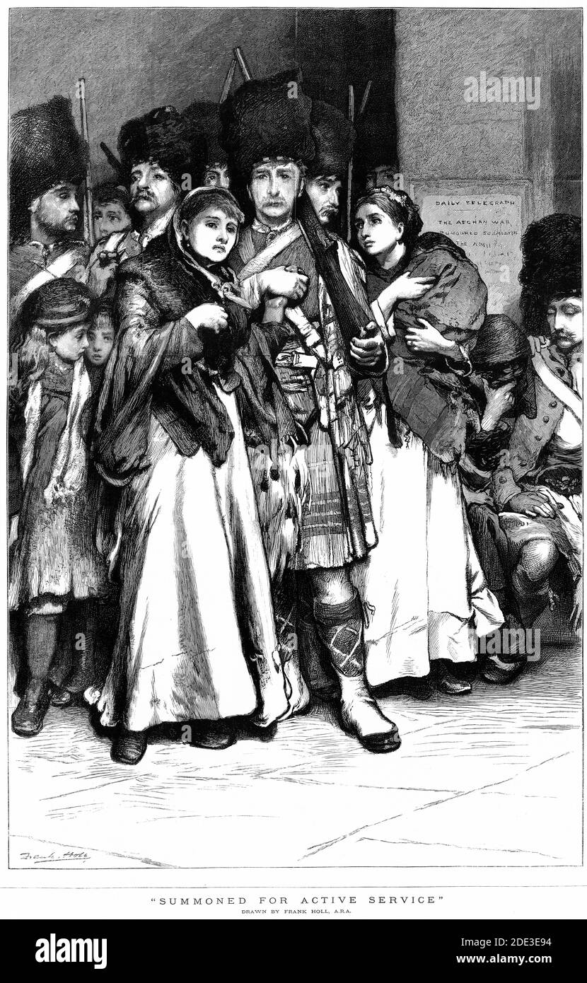 Halbton von Soldaten aus einem schottischen Highlander Regiment Abschied von ihren Frauen und Familien, nachdem sie für den aktiven Dienst im Krieg gerufen. Aus Der Graphic Newspaper, 1879 Stockfoto