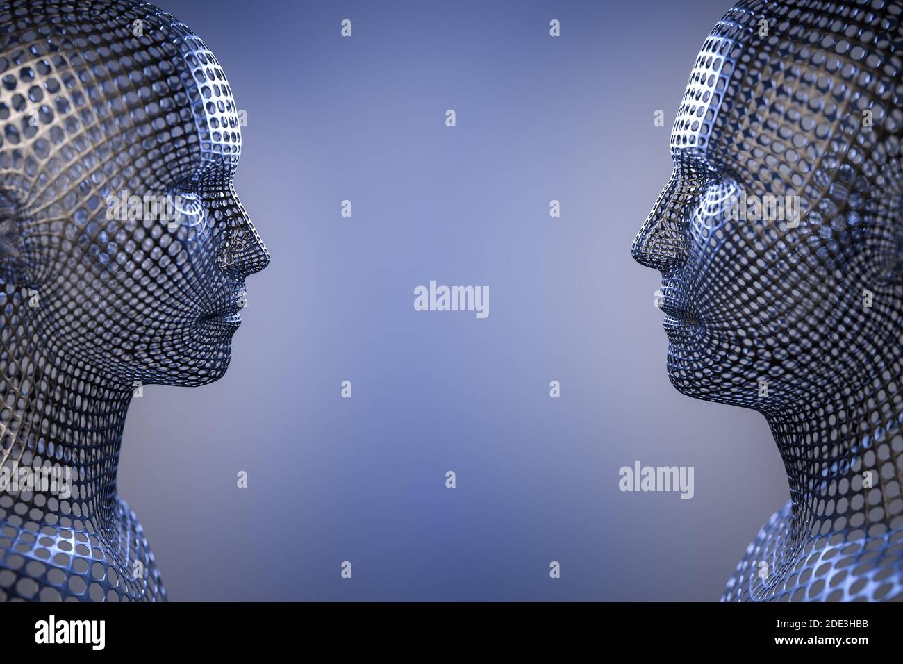 Digitalisierte Modelle von männlichen und weiblichen menschlichen Köpfen. Science Fiction Roboterkonzept - Cyborg, künstliche Intelligenz. Stockfoto