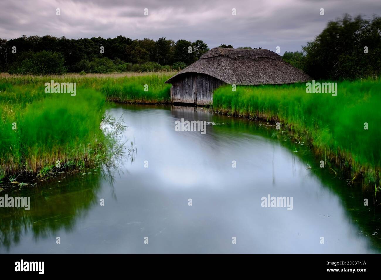 Strohgedeckte Bootshäuser in Hickling Broad, Norfolk Broads, England Stockfoto