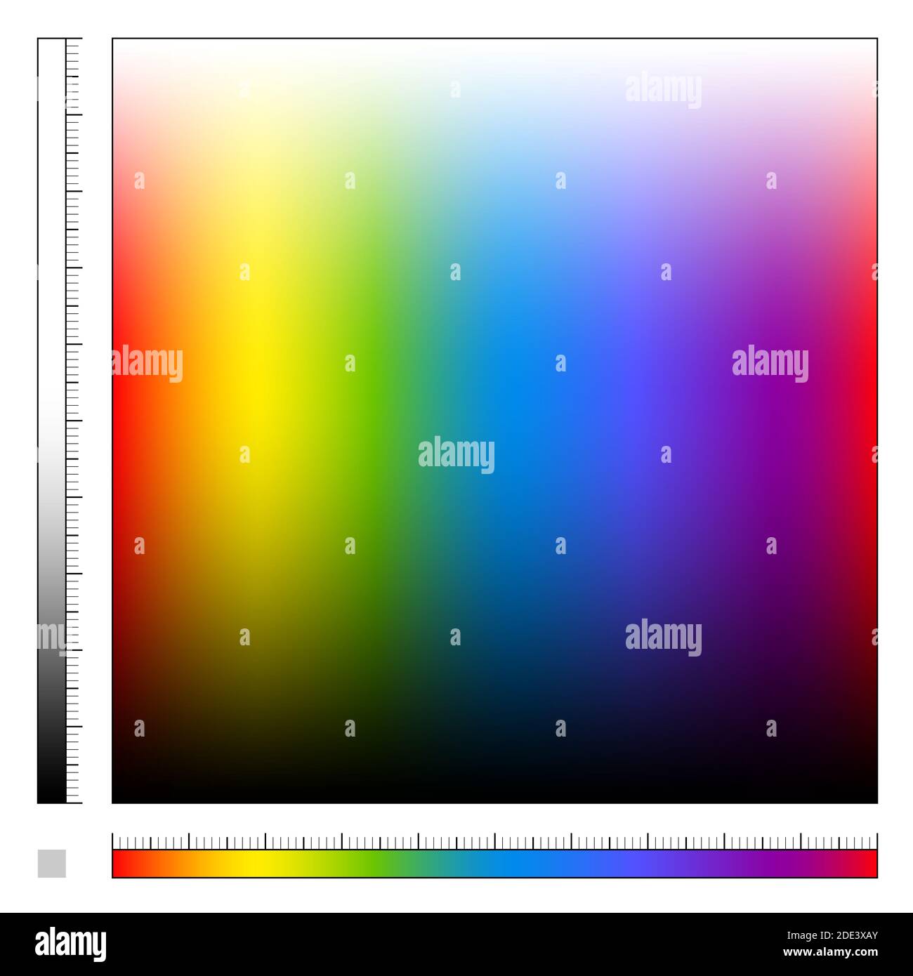 Farbfeld mit unterschiedlicher Sättigung und Regenbogenfarbverlauf, Spektrum des sichtbaren Lichts, alle Farben des Regenbogens von hell bis dunkel. Stockfoto