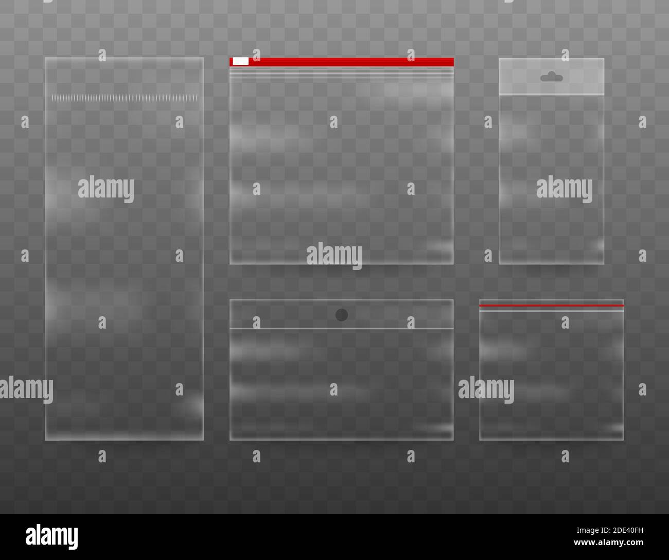 Sammlung von realistischen Plastiktüten auf dem transparenten Hintergrund. Vektorgrafik Stock Vektor