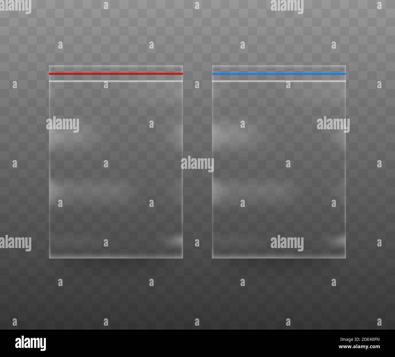 Sammlung von realistischen Plastiktüten auf dem transparenten Hintergrund. Vektorgrafik Stock Vektor