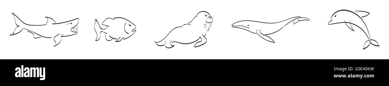 Schwarzer Umriss Set von Hai, Fisch, Piranha, Walross, Wal, Delphin Stock Vektor