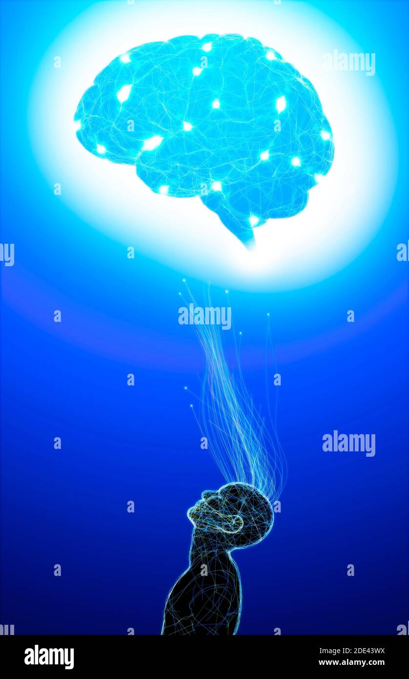 Digitales Bewusstsein, Hirnpotential. Ideen und Innovationen. Befreien Sie Ihren Verstand. Synapsen und künstliche Intelligenz. Cloud und Globalisierung. 3d-Rendering Stockfoto