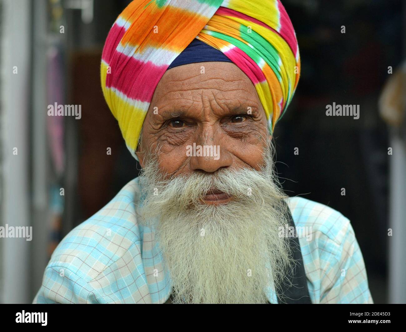 Gefühlvoller alter indischer Sikh-Mann mit gelebtem faltigen Gesicht und freundlichen braunen Augen trägt einen bunten Sikh dastar Turban und posiert für die Kamera. Stockfoto