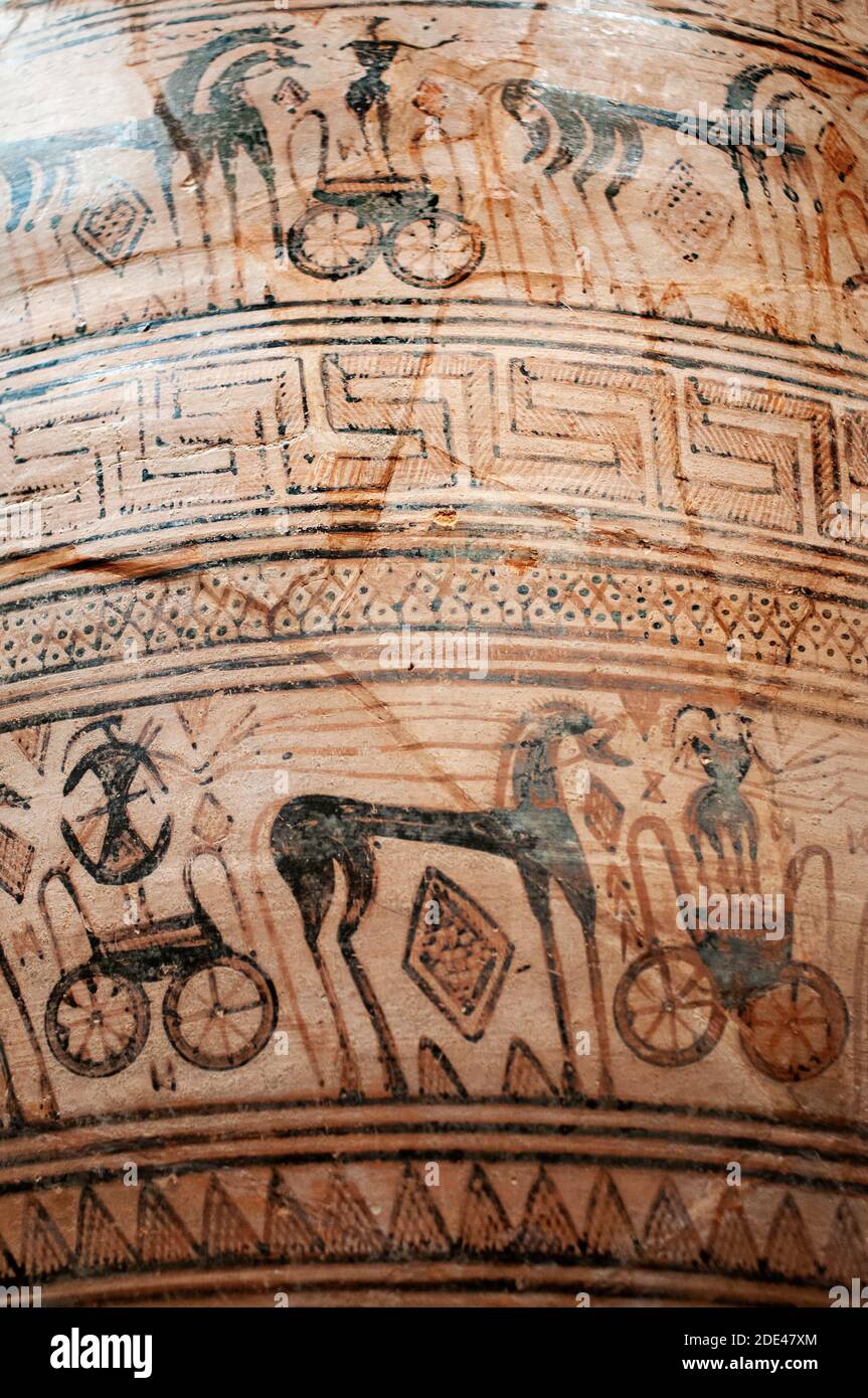 Detail von Terracotta Graberary Krater. Griechisch, Dachboden, geometrisch, ca. 725 v. Chr. der Trachonen-Werkstatt. Kammer von Griechenland im vierten Jahrhundert Stockfoto