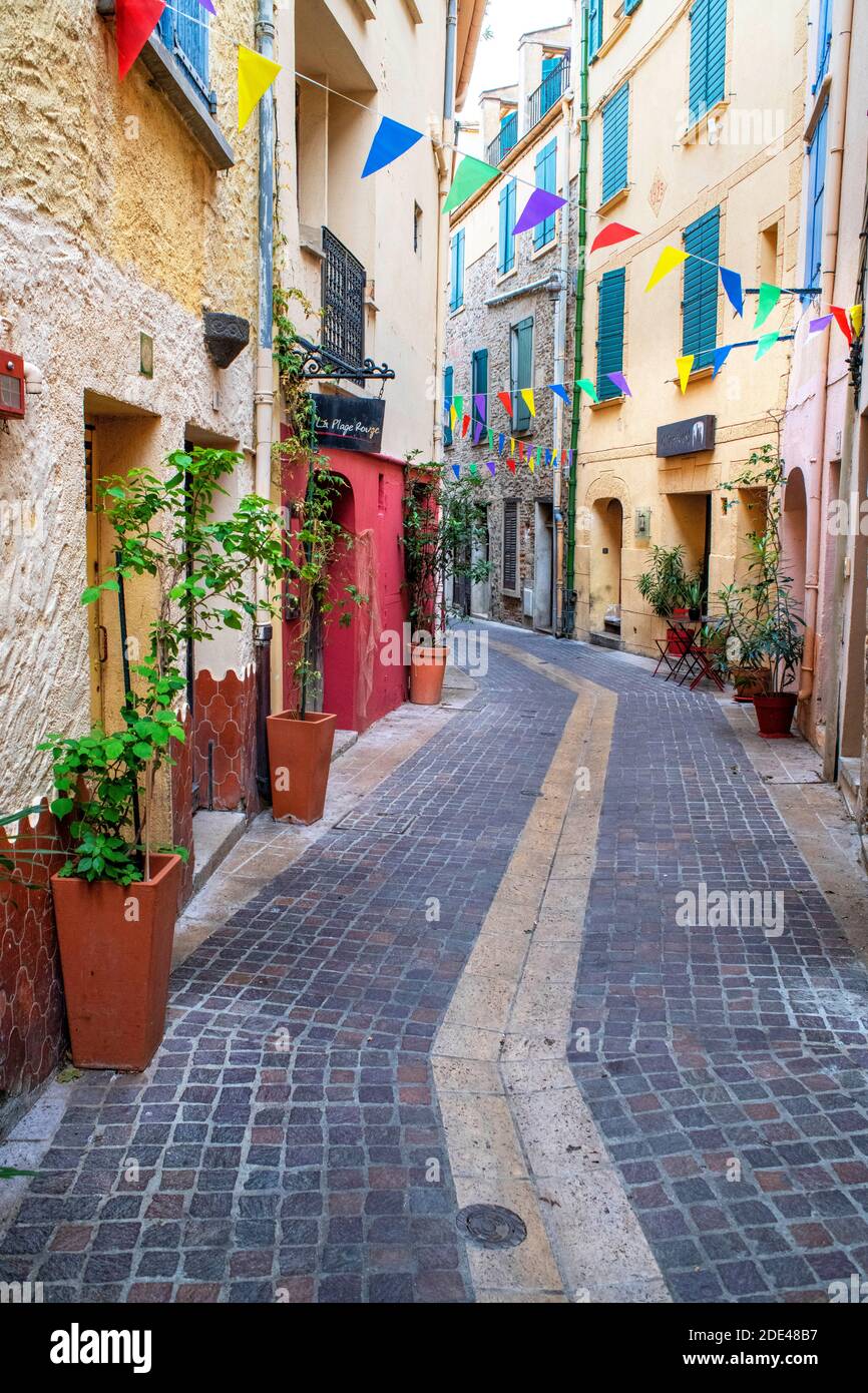 Straße in der mittelalterlichen Stadt Collioure im Süden Frankreich Languedoc-Roussillon Cote Vermeille Midi Pyrenees Occitanie Europe Stockfoto