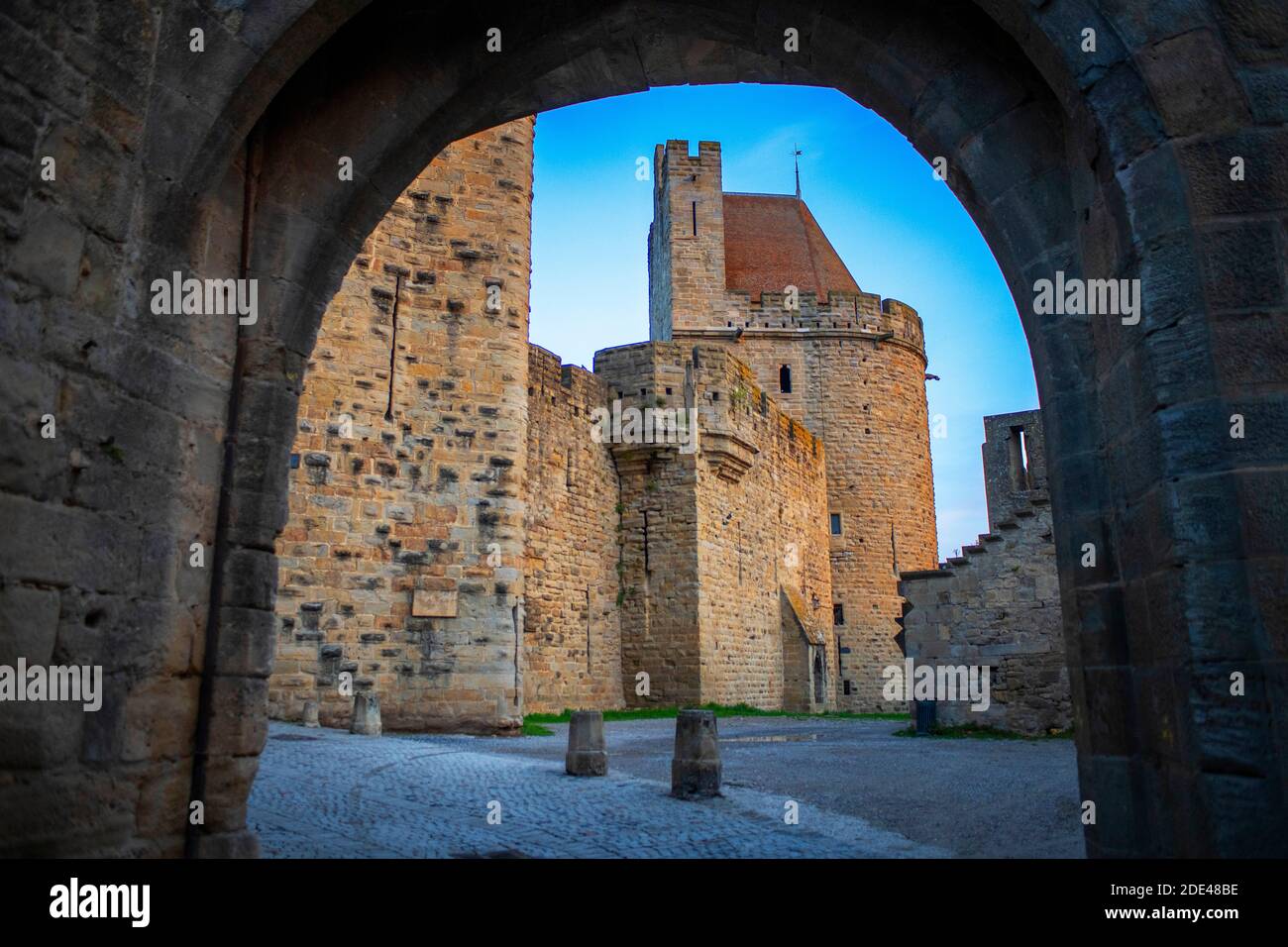 Befestigte Stadt Carcassonne, mittelalterliche Stadt als Weltkulturerbe der UNESCO, Harbore d'Aude, Languedoc-Roussillon Midi Pyrenees Aude Frankreich Stockfoto