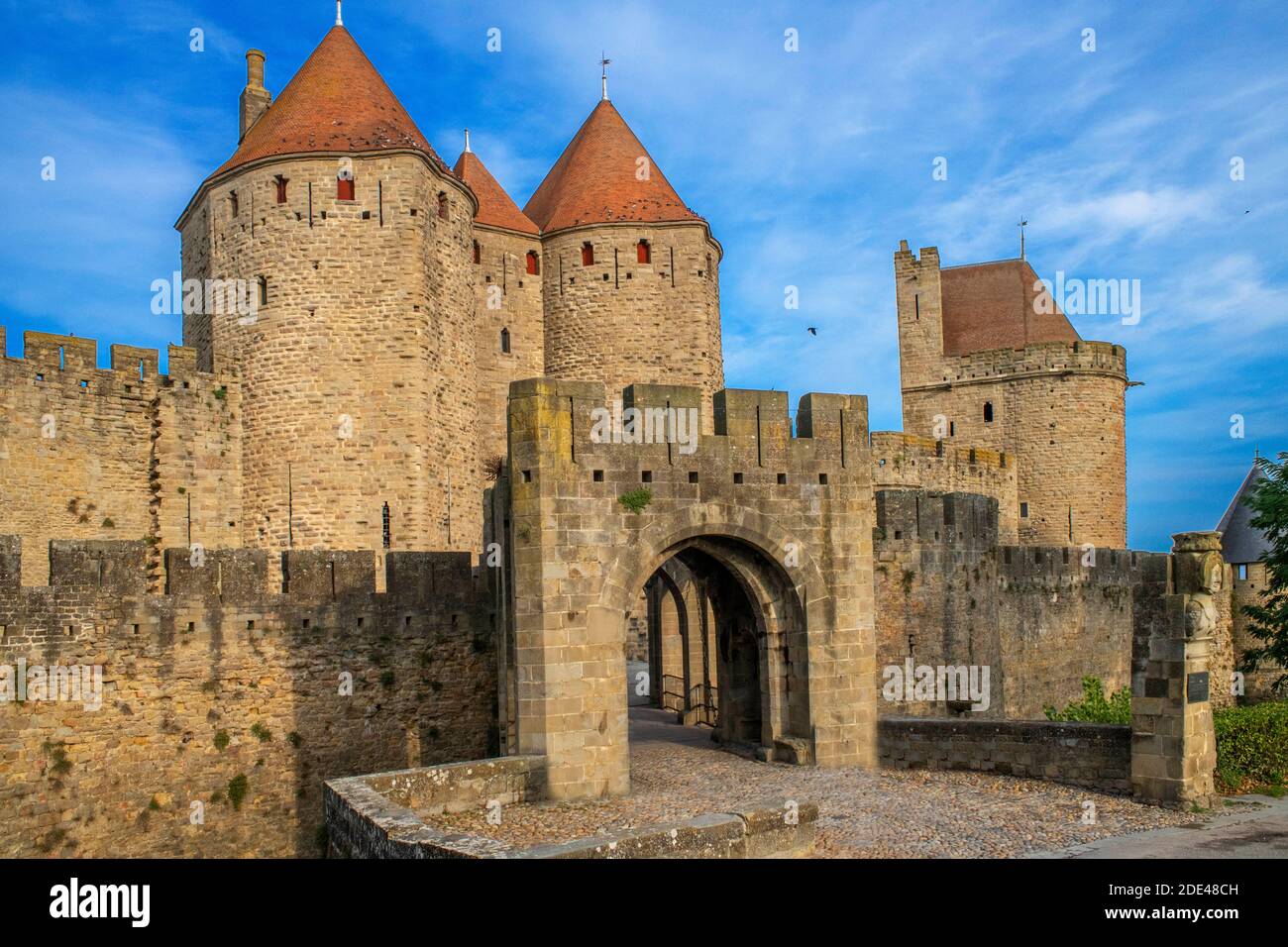 Befestigte Stadt Carcassonne, mittelalterliche Stadt als Weltkulturerbe der UNESCO, Harbore d'Aude, Languedoc-Roussillon Midi Pyrenees Aude Frankreich Stockfoto
