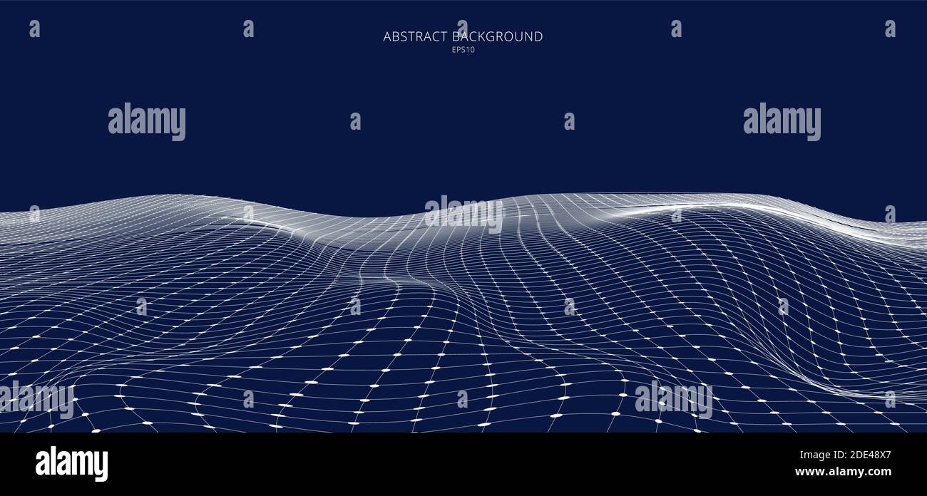 Abstraktes weißes 3D-Drahtmodell mit Landschaft auf blauem Hintergrund. Technologie futuristisches Netz von verbundenen Punkten und Linien. vektor-Illustration Stock Vektor