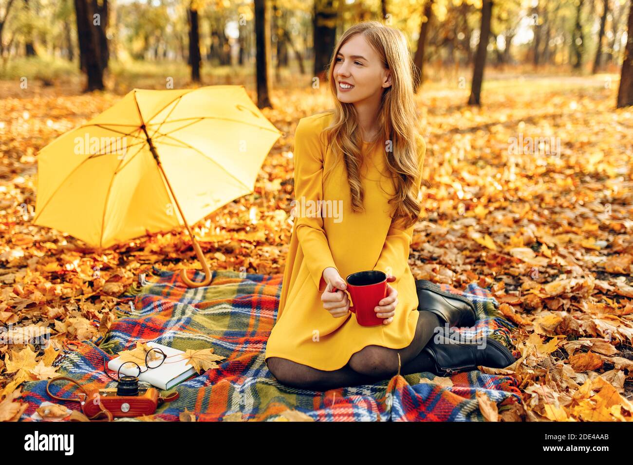 Schöne helle junge Mädchen im Herbst Park sitzen auf einer Decke, hält einen Becher mit einem Getränk in den Händen, genießen die warmen sonnigen Wetter Stockfoto