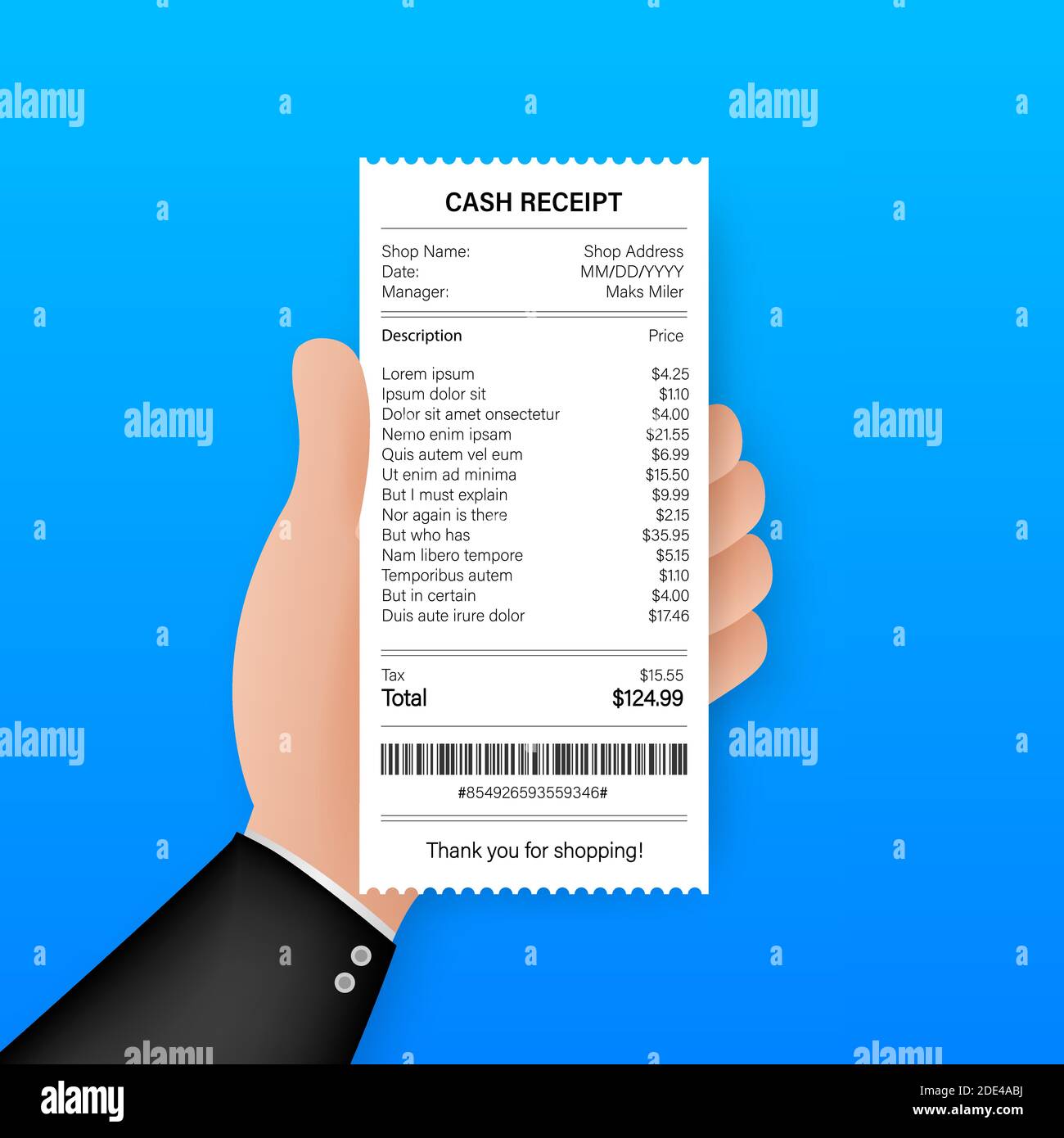 Empfangssymbol in flacher Form, isoliert auf farbigem Hintergrund. Rechnungszeichen. geldautomat Vorlage oder Restaurant Papier Finanzcheck. Vektormaterial Stock Vektor