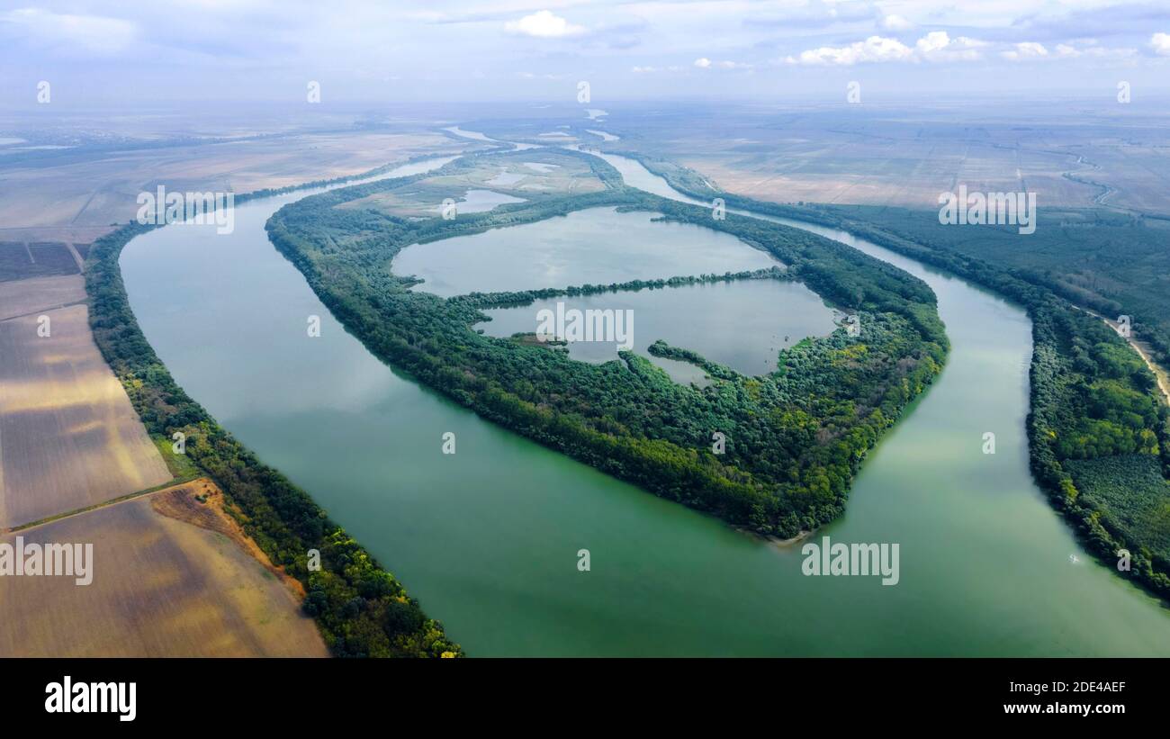 Luftaufnahme auf Tataru Insel, Regional Landscape Park Izmail Inseln, Tataru Insel, Chilia Zweig Donaudelta, Izmail, Odessa Oblast. Ukraine Stockfoto