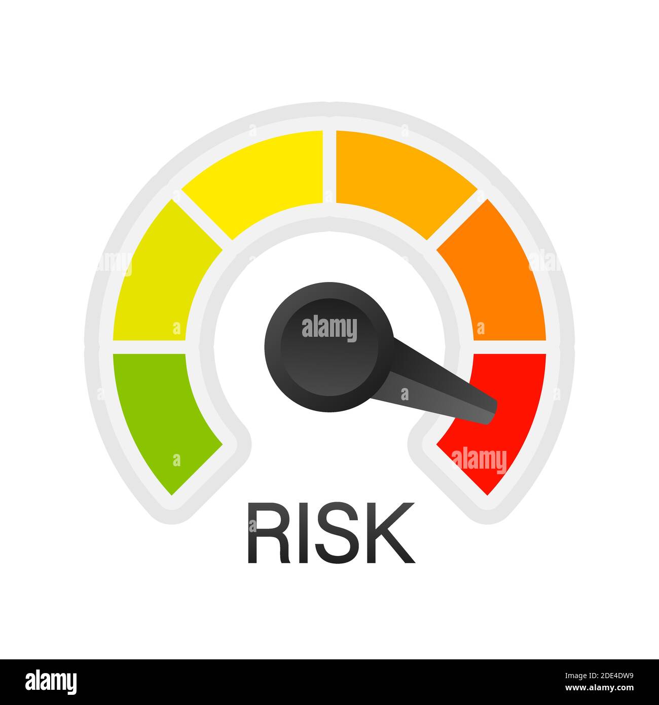 Risiko-Symbol auf dem Tachometer. Messgerät für hohes Risiko. Vektorgrafik. Stock Vektor
