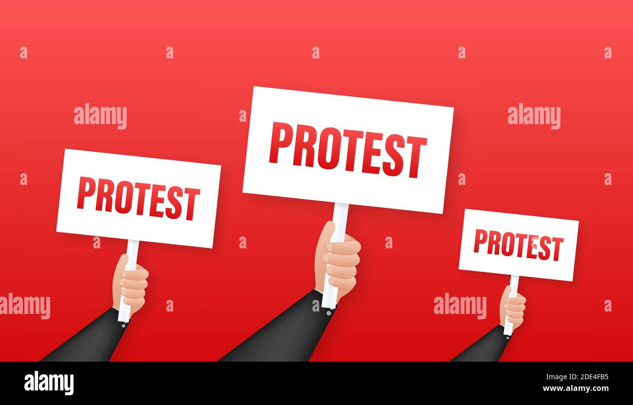 Protestierende Hände halten Protestschilder. Vektorgrafik. Stock Vektor