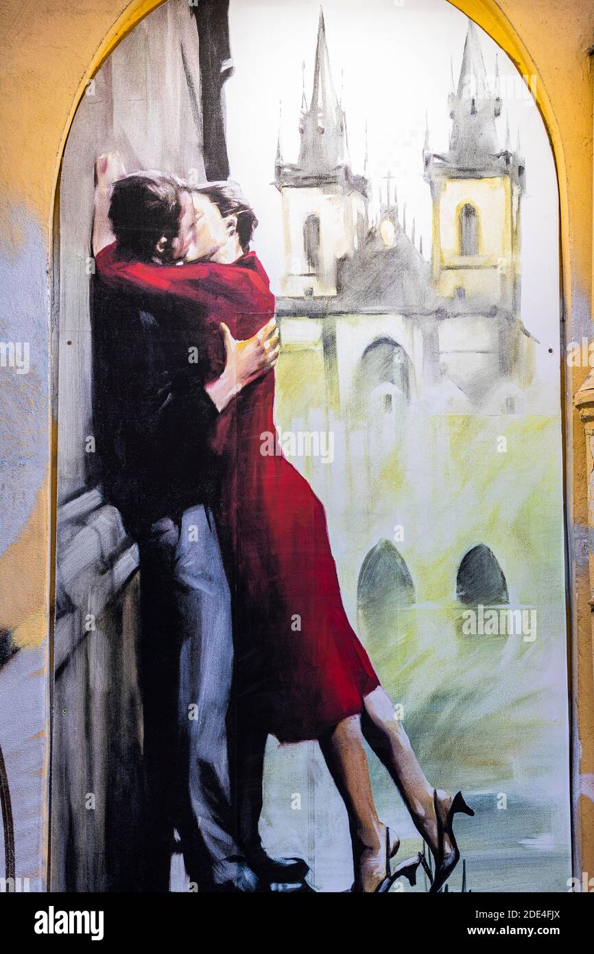 Liebhaber, Wandmalerei unter der Karlsbrücke, Hradcany Vorort, Prag, Tschechische Republik Stockfoto