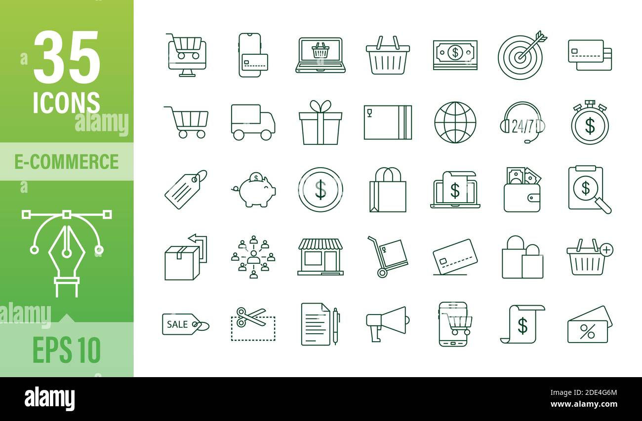 Shopping-Set-Symbol für Web-Design. E-Commerce. Rabattgutschein. Business-Symbol. Preisschild. Linienvektor. Vektorgrafik. Stock Vektor