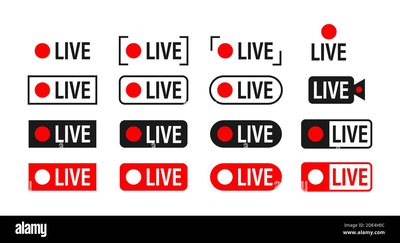 Satz von Live-Streaming-Symbolen. Rundfunk. Rote Symbole und Tasten des Live-Stream, Online-Stream. Vektorgrafik. Stock Vektor Satz von Live-Streaming-Symbolen. Rundfunk. Rote Symbole und Tasten des Live-Stream, Online-Stream. Vektorgrafik. Stock Vektor
