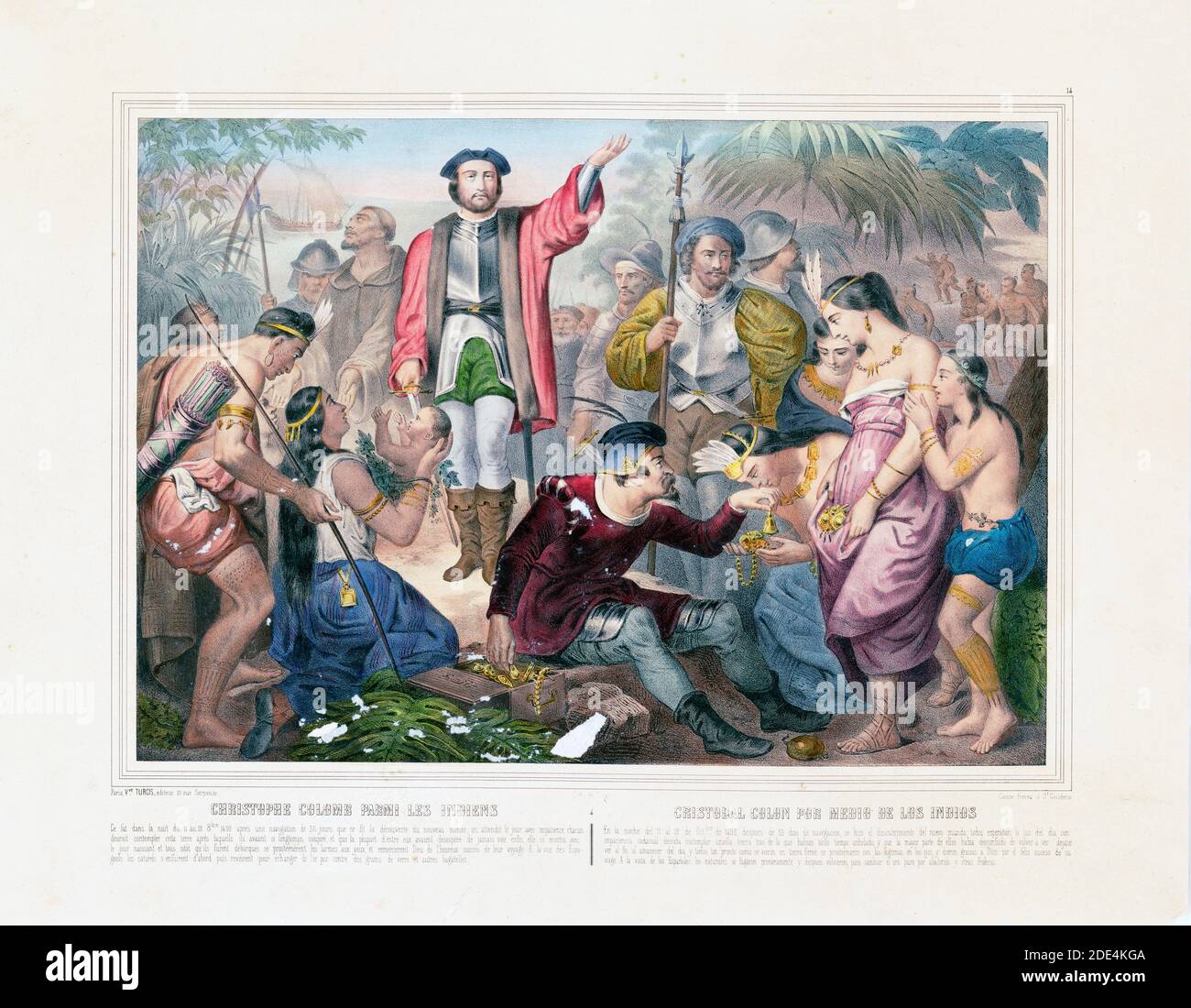 Christophe Colomb parmi les Indiens/Christopher Columbus bei den Indianern (1850-1900) Stockfoto