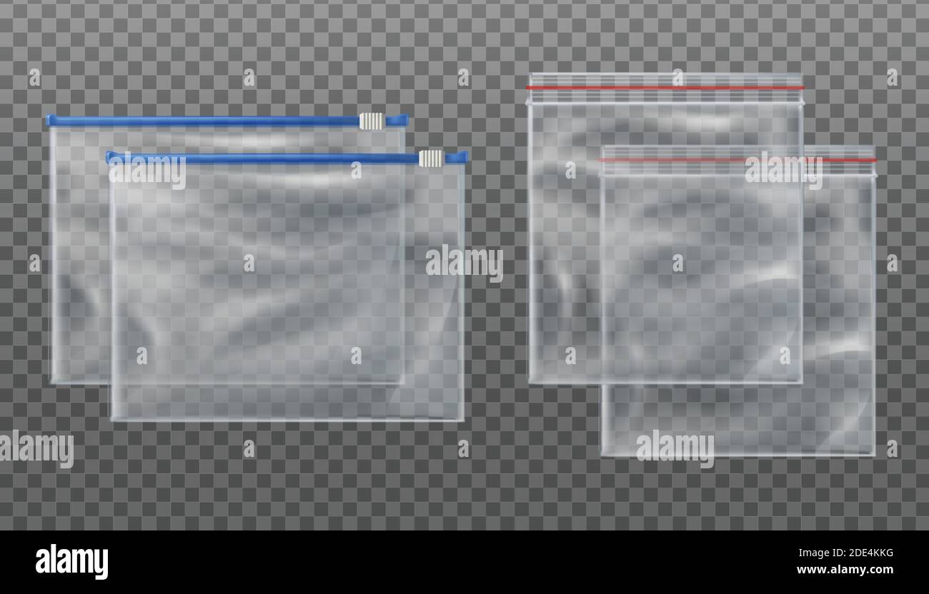 Sammlung von 3d realistische Vektor Reißverschluss transparente Taschen und Reißverschluss Slider transparente Taschen. Leere Mockup Beutel in verschiedenen Größen auf transparentem BA Stock Vektor