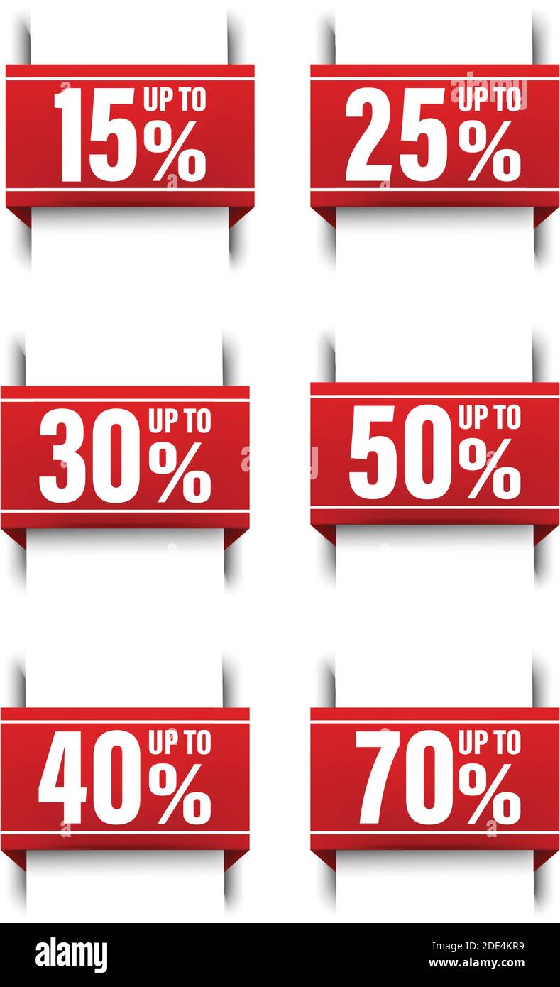 Große Vektor-Sammlung von Icon-Illustrationen von roten Band Banner, Verkauf Lesezeichen von bis zu 50, 15, 25, 30, 40, 70 Prozent Rabatt. Stock Vektor