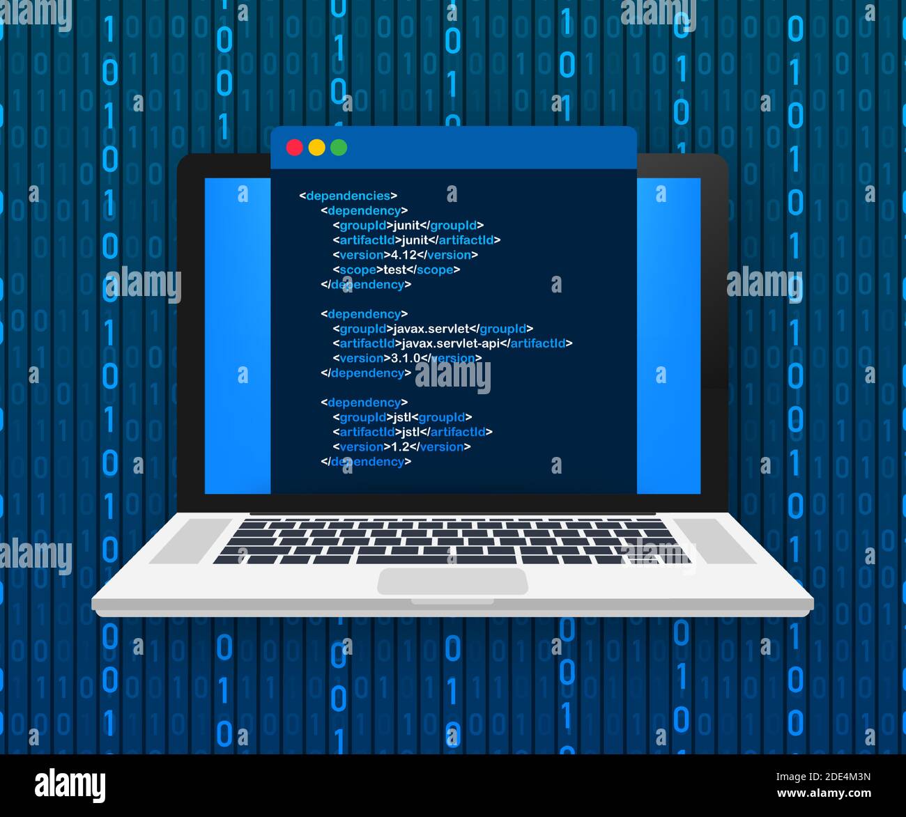 Vector Laptop Codierungskonzept. Web-Entwickler, Design, Programmierung. Bildschirmcode des Laptops. Vektorgrafik. Stock Vektor