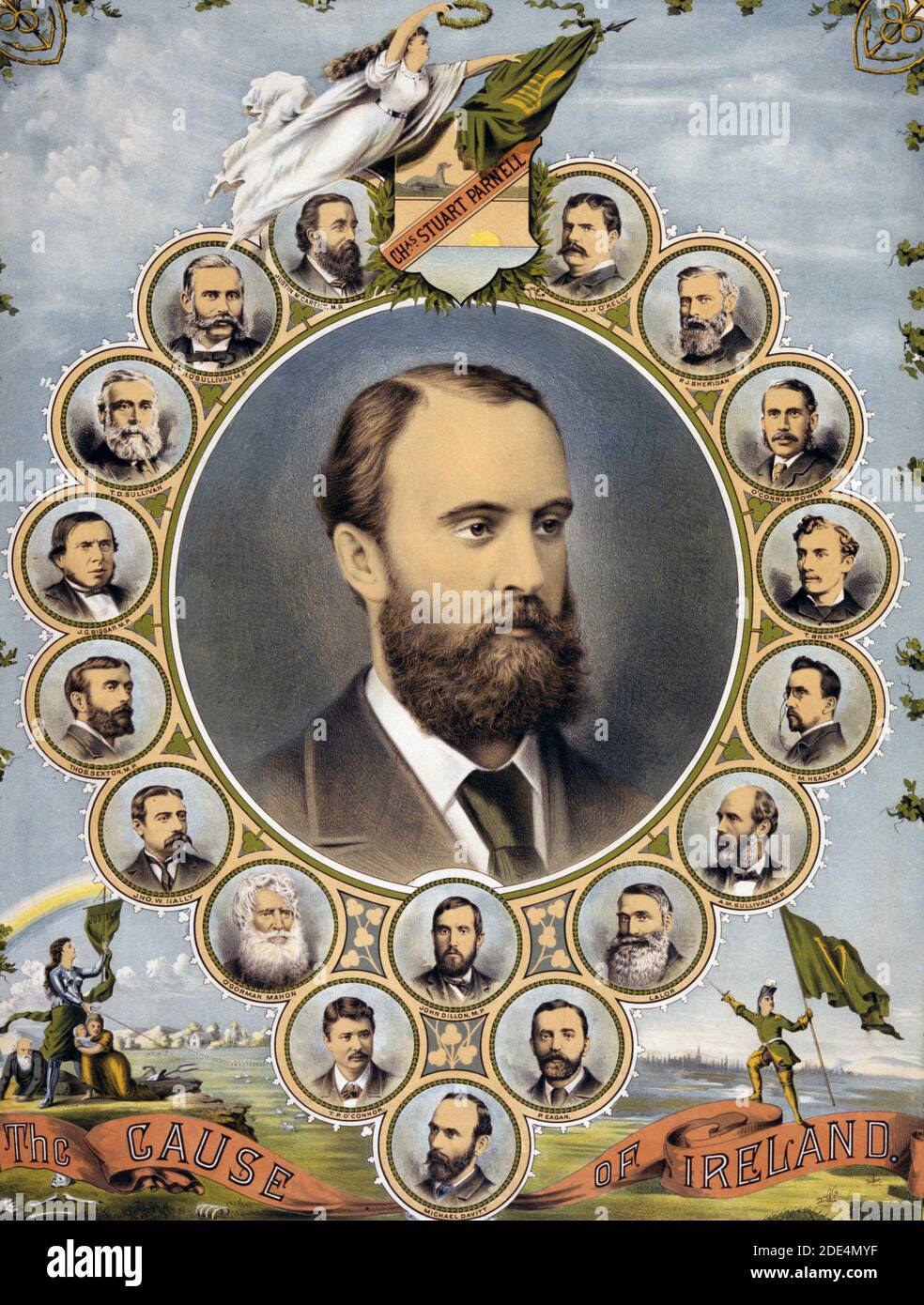 Drucken zeigt große Büste Portrait von Charles Stewart Parnell durch 18 kleinere Porträts der Männer Prominente in der irischen Politik und Regierung umgeben. Stockfoto