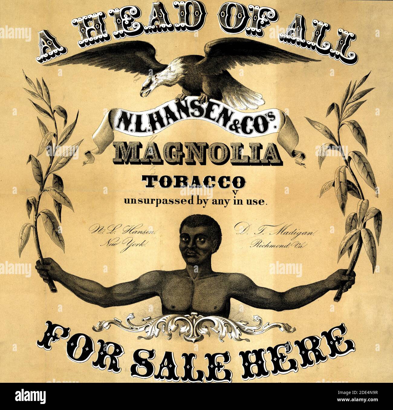 Vor allen, N.L. Hansen & Co. Magnolia Tabak, unübertroffen in verwenden. Zum Verkauf hier Werbung Ca. 1857 Stockfoto